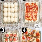 how to make a pull apart pizza 1)rise rolls in pan 2)press them down and add sauce 3)add toppings 4)bake and serve.