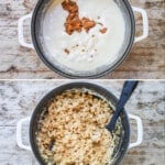 A collage image showing the marshmallows and caramel melting for Salted Caramel Rice Krispie Treats, and after the Rice Krispies have been stirred in.