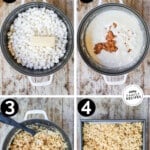 A collage image showing the steps for making Salted Caramel Rice Krispie Treats