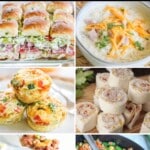 photo collage of 6 photos - sliders, ham and potato soup, ham roll ups, ham fried rice, 15 bean soup, and ham egg bites