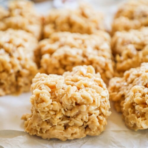A close-up of a Salted Caramel Rice Krispie Treat
