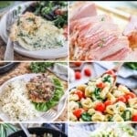 photo collage of 6 meals, quiche, turkey burger, turkey stir fry, ham, tortellini salad, and cob salad