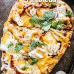 above image of a bbq chicken flatbread pizza.