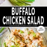 A collage image showing buffalo chicken salad ingredients on top and a close-up of buffalo chicken salad on the bottom. The text reads, "buffalo chicken salad"