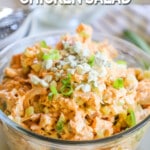 Buffalo chicken salad in a bowl topped with blue cheese. The text reads, "buffalo chicken salad."