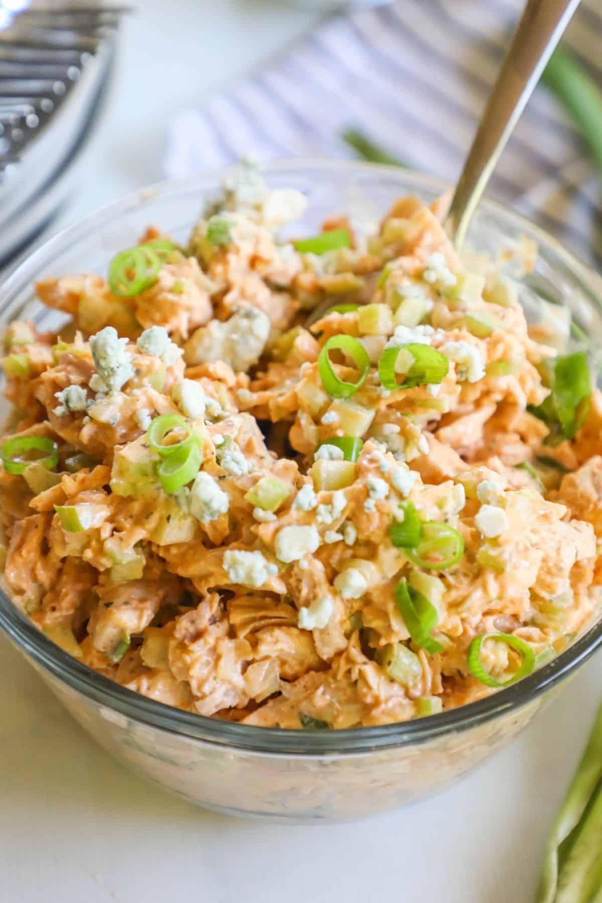 buffalo ranch chicken salad in a clear bowl
