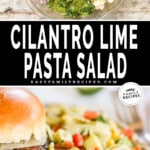 Pasta, vegetables, cheese and a cilantro lime dressing in a bowl, then the mixed salad served beside a burger.