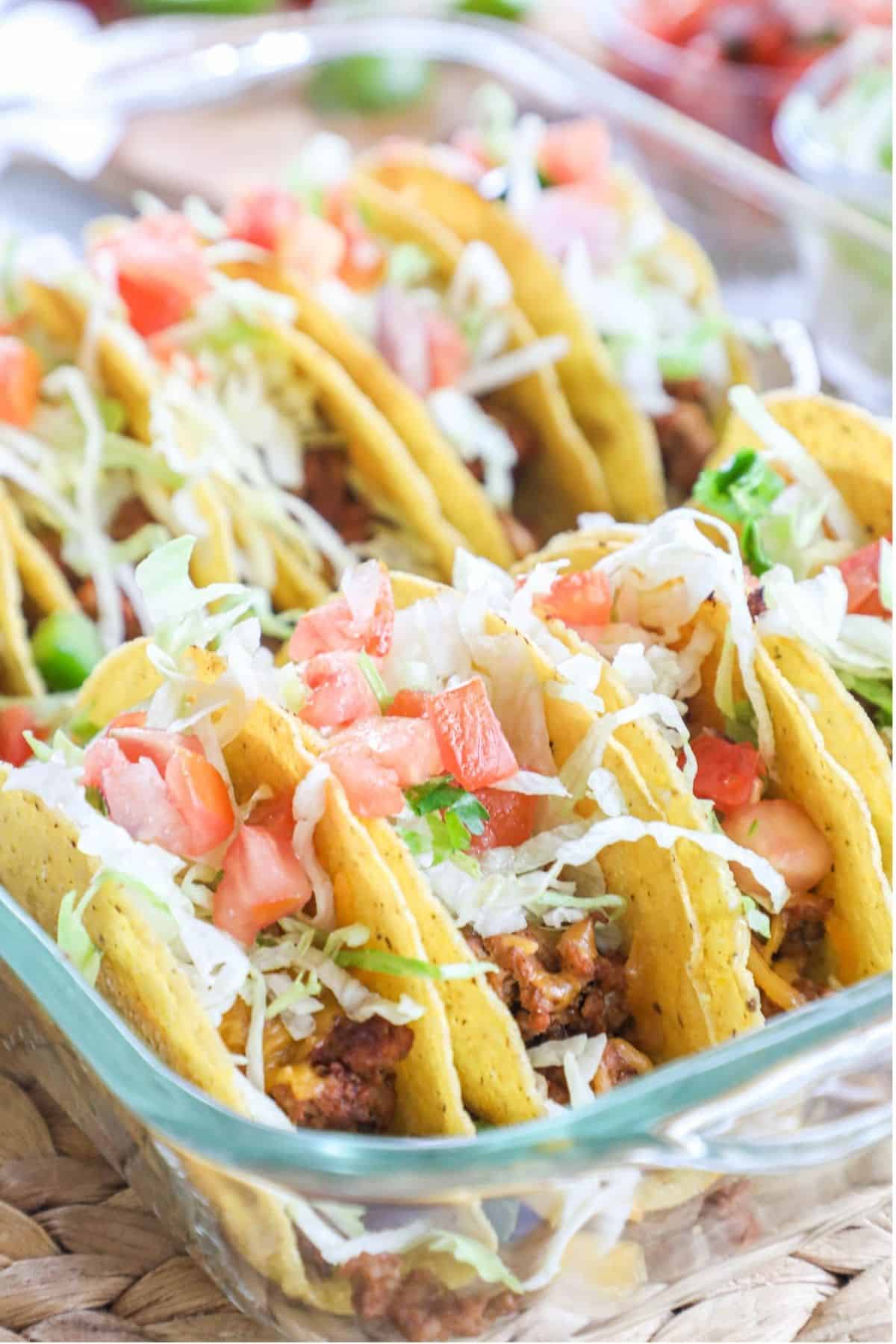 Crispy Baked Tacos in a glass casserole dish
