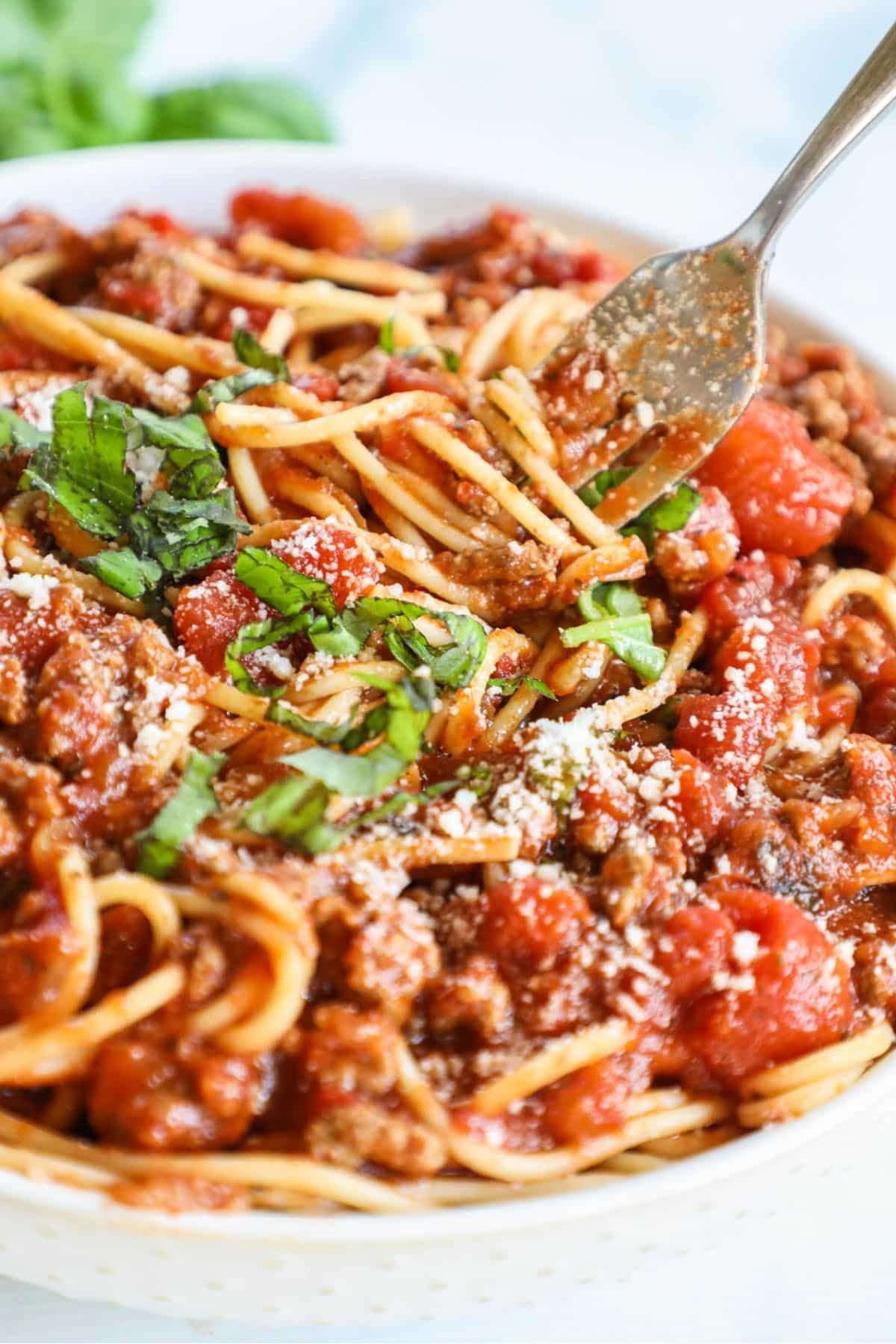 spaghetti and meat sauce in a bowl 