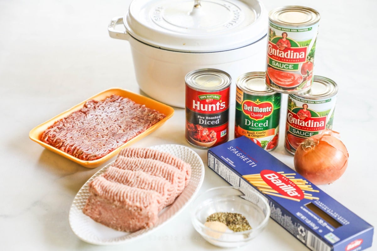 Ingredients for recipe in original packaging: ground turkey, ground pork, different diced tomatoes, tomato sauce, onion, spaghetti noodles, and spices.