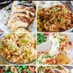 photo collage of 6 high protein chicken recipes - marinated grilled chicken, salsa fresca chicken, healthy chicken burrito bowl, and cajun chicken skillet