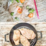 A collage of four images showing the steps for making Baja Chicken. 1) Make the marinade 2) Marinate the chicken 3) Pan-fry the chicken 4) Finish it in the oven.