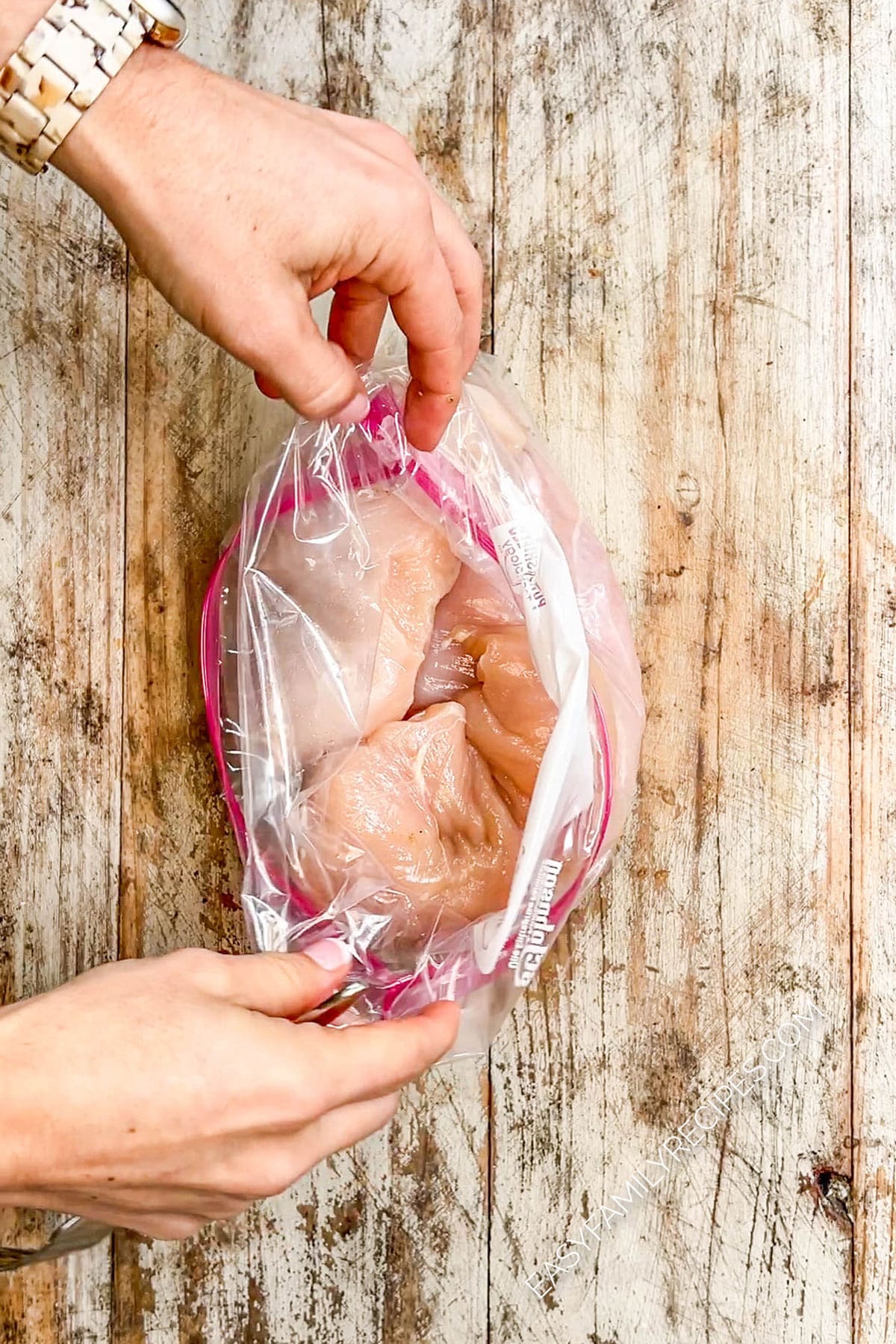 Chicken in a freezer bag prepping for Baja Chicken marinade.