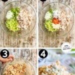 A collage image showing the steps for making buffalo chicken salad.