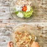 A collage image showing the ingredients for buffalo chicken salad and mixing them together.