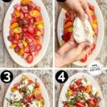 how to make burrata caprese salad, 1) chop tomatoes, 2) top with burrata cheese, 3) top with basil, 4)finish with balsamic glaze.