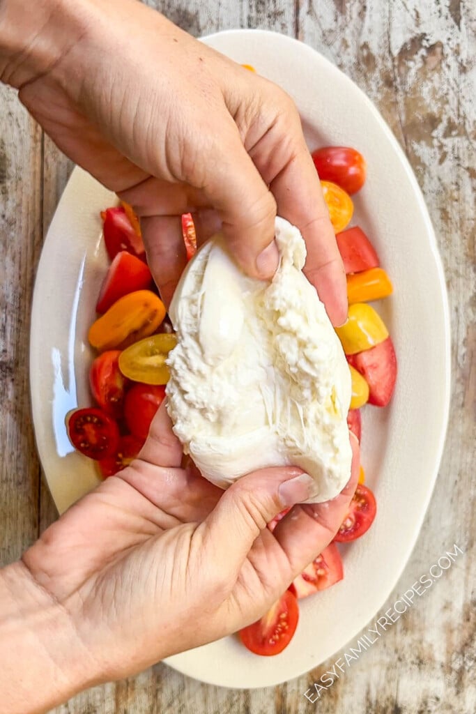 burrata cheese being torn apart over a platter of fresh tomatoes.