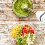 How to make cilantro lime pasta salad 1)combine dressing ingredients 2)puree 3)combine salad ingredients 4)toss together.