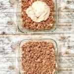 A collage image showing the steps for making cinnamon crumble coffee cake.