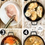 4 image collage making recipe: 1- coating chicken breast with flour, 2- chicken breast in pan after cooking, 3- chicken removed and veggies added to pan, 4- chicken and veggies in sauce after cooking.
