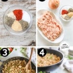 Process photos for how to make ground chicken seasoning.