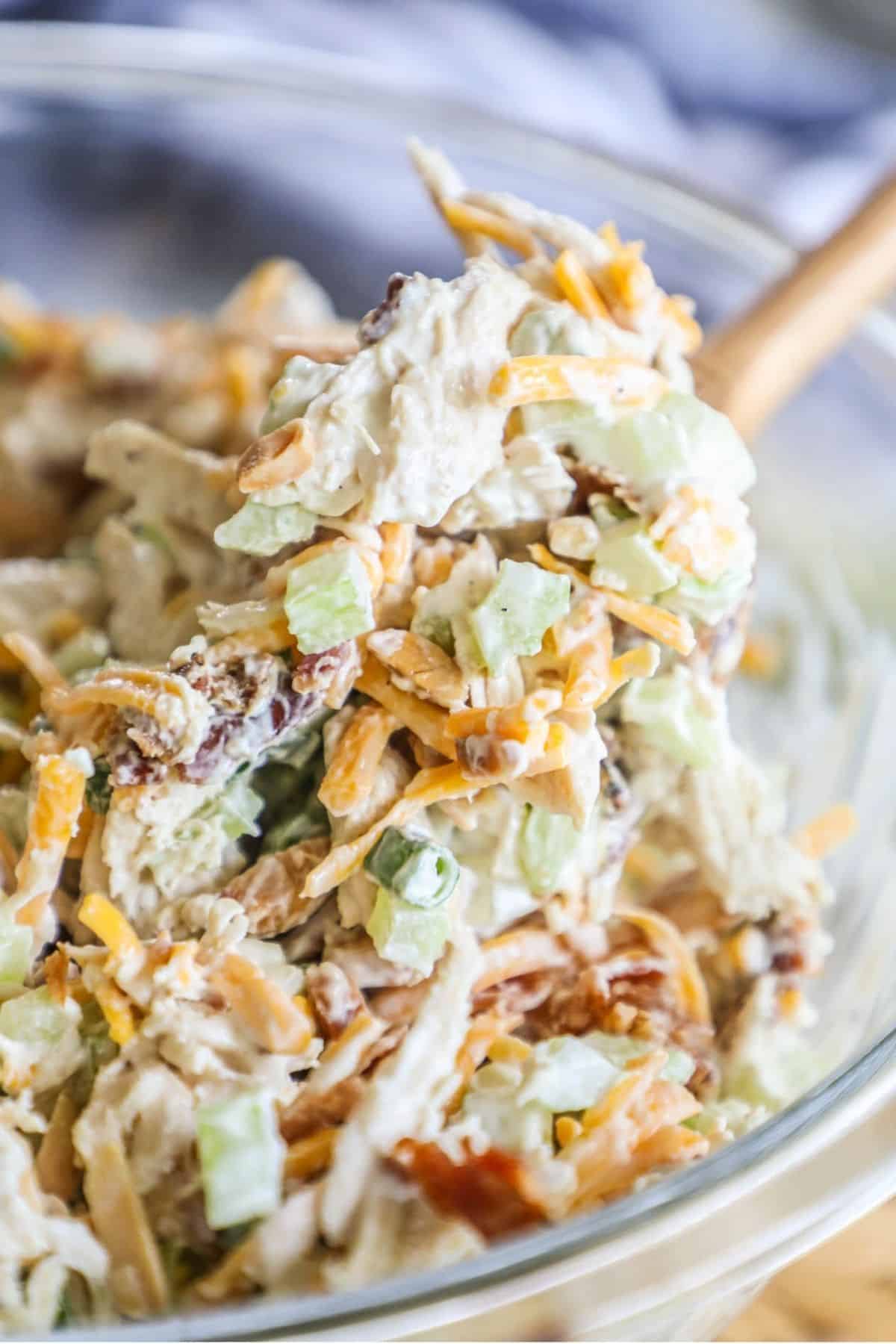 loaded chicken salad in a bowl
