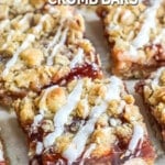Overhead view of strawberry oatmeal bars cut into squares and glazed