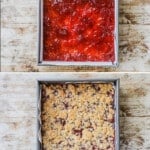 How to make strawberry crumb bars: 1) Make the crust, 2) add the strawberry preserves, 3) add the crumble layer, 4) cut into bars and glaze