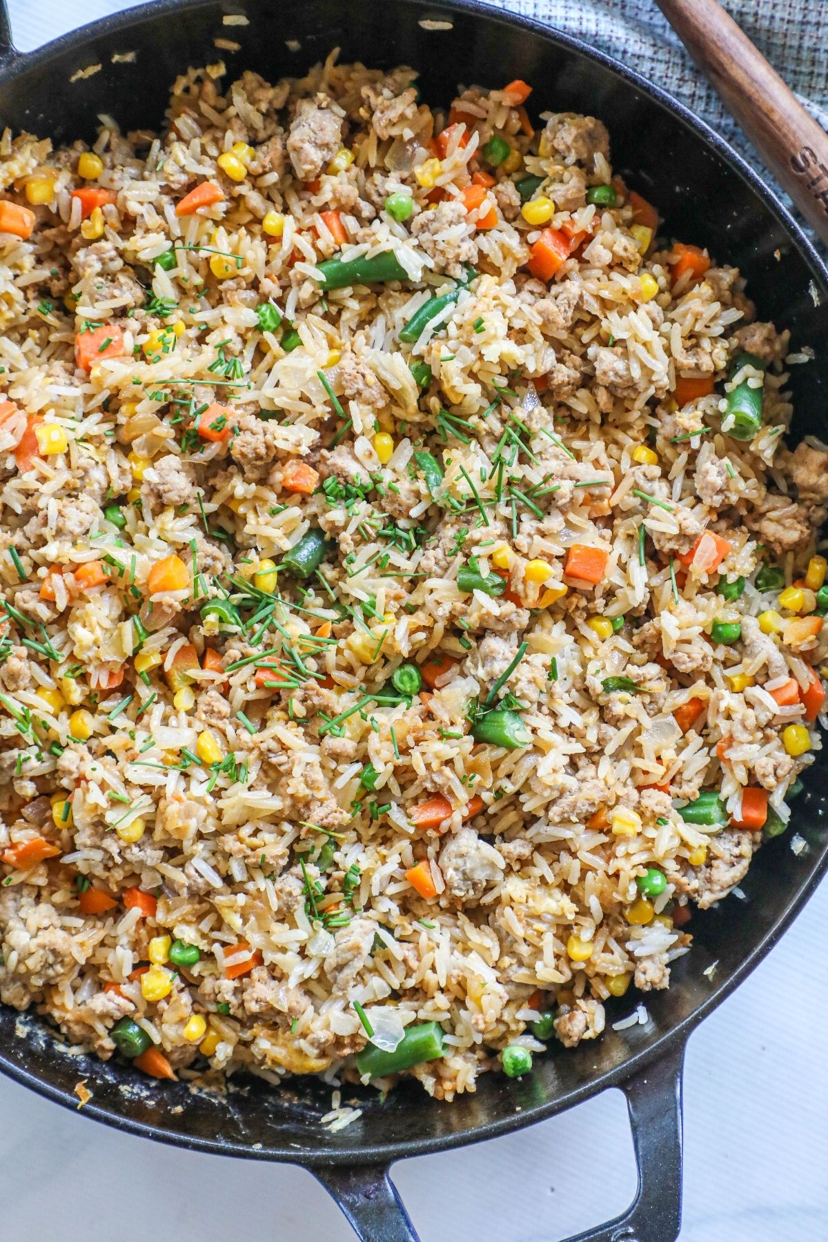 turkey fried rice in a skillet