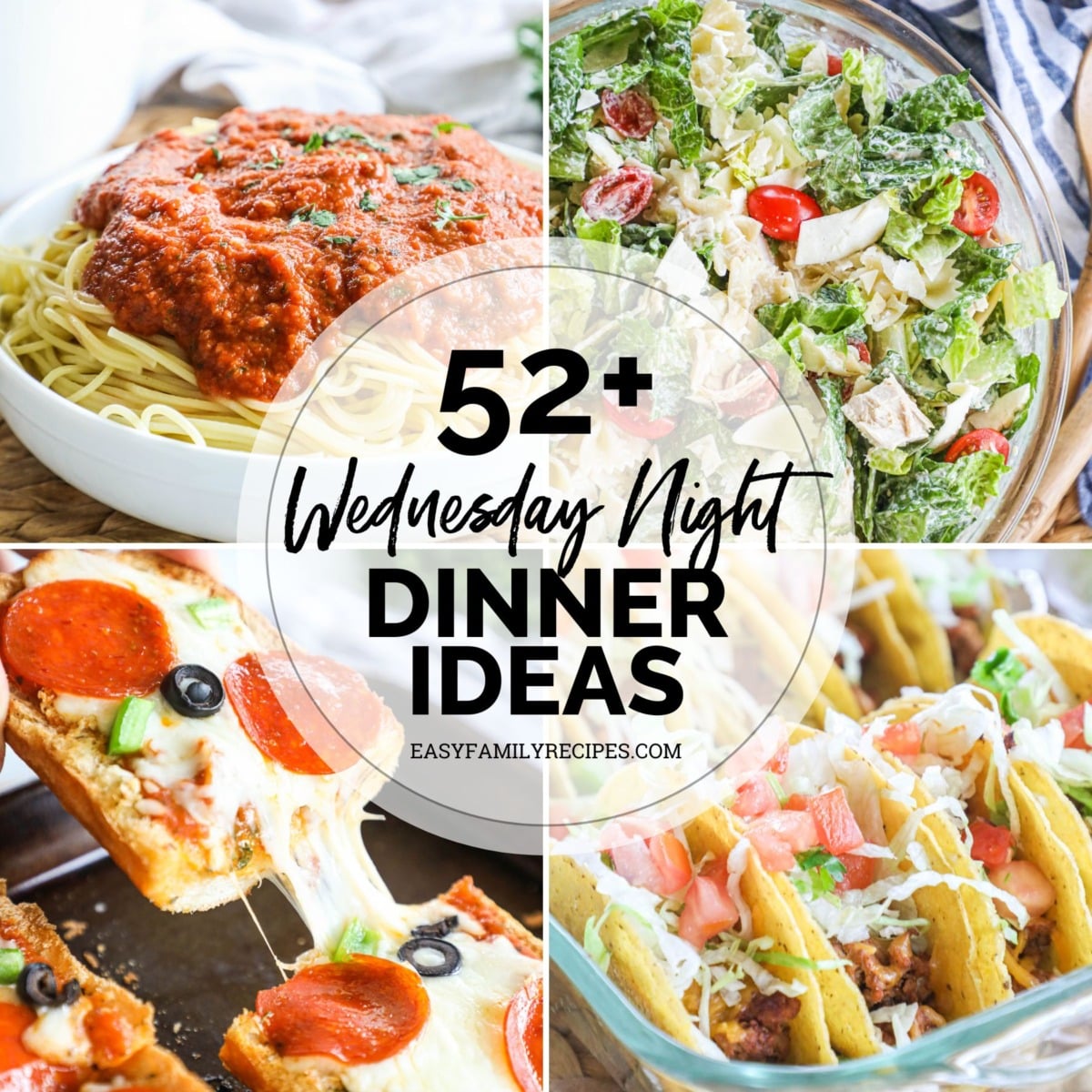 photo collage - spaghetti marinara, chicken caesar pasta salad, ground beef tacos, and garlic bread pizza