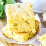 Piece of Mexican cornbread cut to show how it is not dry.