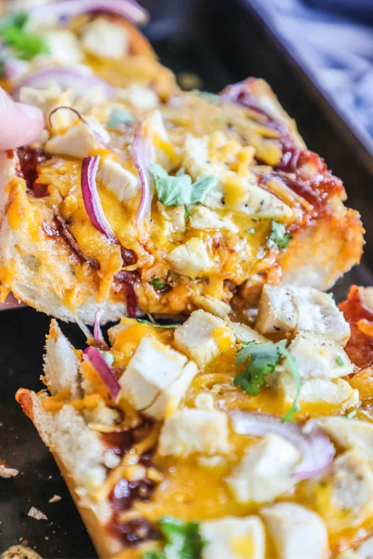 BBQ chicken pizza on a pan