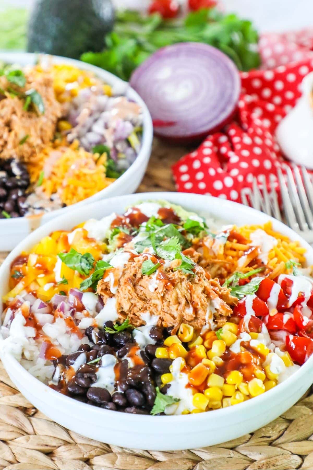 bbq chicken rice bowl with black beans, corn, tomatoes