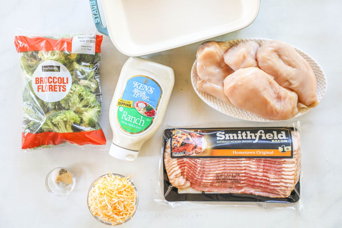 Ingredients for cheesy bacon ranch chicken with broccoli.
