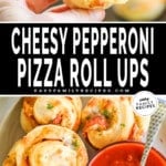 two images of cheesy pepperoni pizza rolls, one with a roll held and the other with pizza rolls on a plate with sauce.