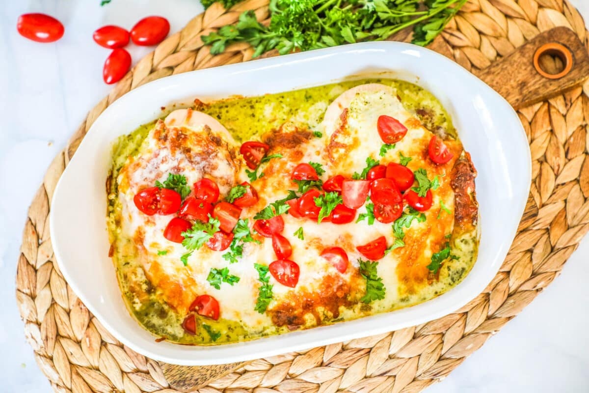Cheesy Baked Pesto Chicken