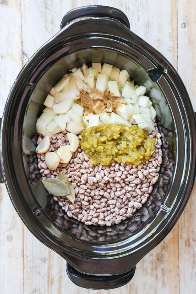 How to make slow cooker refried beans step 2: Add diced onion, green chiles, garlic and spices then cover with chicken broth.