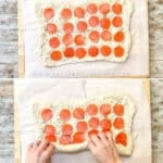 Steps to make cheesy pepperoni pizza rolls Step 1 lay dough out 2. layer dough with cheese and pepperoni 3. roll into a log 4. bake