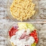 A collage showing how to make Italian Grinder Pasta Salad.