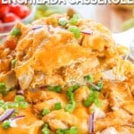 close up of a slice of chicken enchilada casserole showing all the layers.