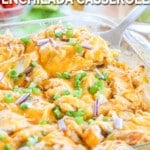 close up of a slice of chicken enchilada casserole showing all the layers.
