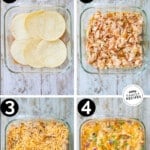 4 images of the different steps to assembling your chicken enchilada casserole.