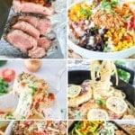 6 images showcasing recipes that can be made during the summer. Salsa chicken, chicken fajitas, steak and a grinder salad.