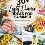 6 images showcasing recipes that can be made during the summer. Salsa chicken, chicken fajitas, steak and a grinder salad.