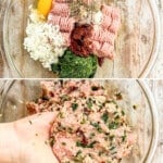 A four-image collage showing the ingredients and process for making Tuscan Turkey Burgers.