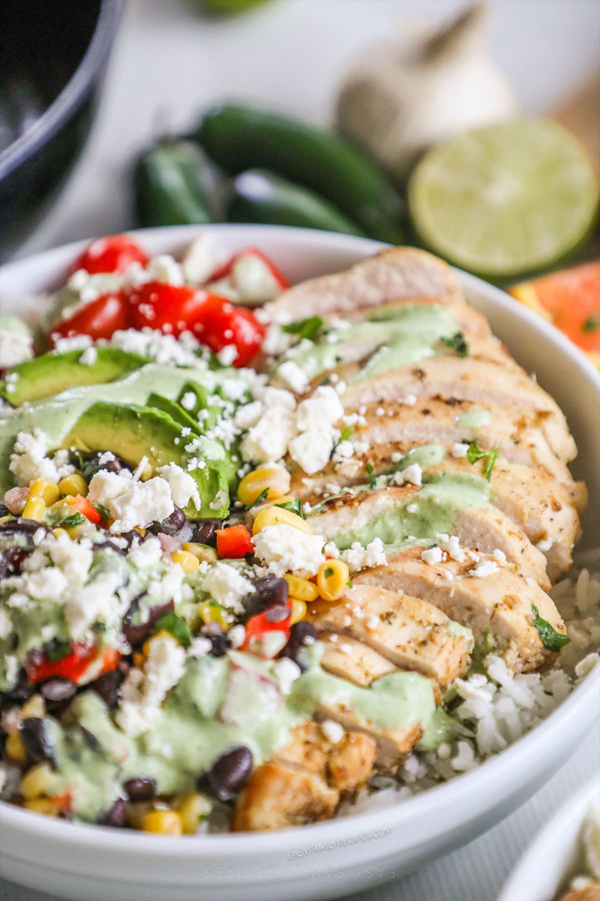 A chicken baja bowl in a white dish.