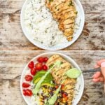 A vertical collage of four images showing how to build baja chicken bowls.