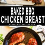 two images of bbq chicken, one with a chicken breast sliced and the second with three whole chicken breast in a skillet.