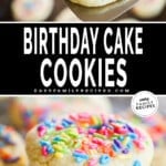 two images of birthday cake cookies, one with a cookie on a spatula and the other with cookies stacked up.