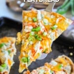 A slice of buffalo chicken flatbread is being lifted from the pan. The text reads, "buffalo chicken flatbread"